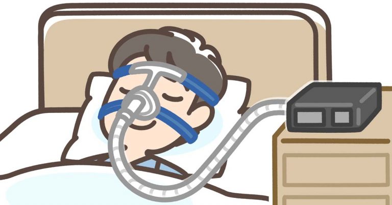 young man sleeping quietly with his cpap device (illustration)