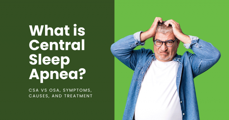 Middle aged man with central sleep apnea and illustration showing what it is, symptoms and treatments for CSA