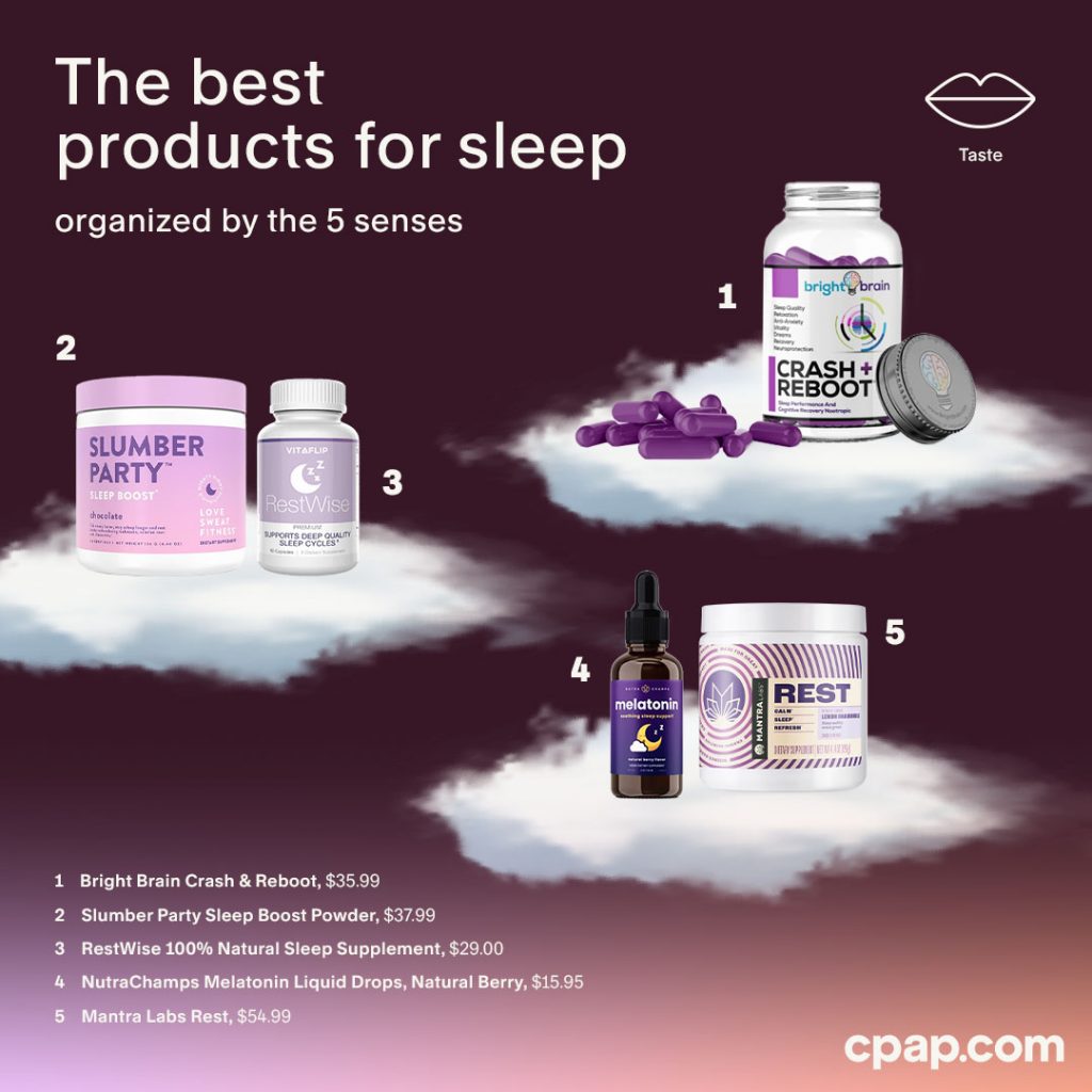 An infographic showcasing the best sleep-enhancing products, organized by the five senses, with a focus on the top 5 taste-related items.