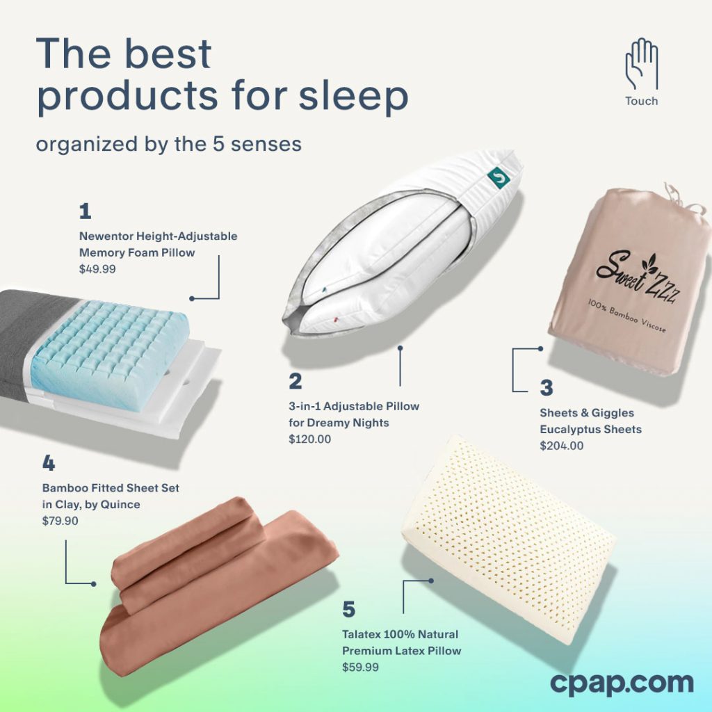 An infographic showcasing the best sleep-enhancing products, organized by the five senses, with a focus on the top 5 touch-related items.