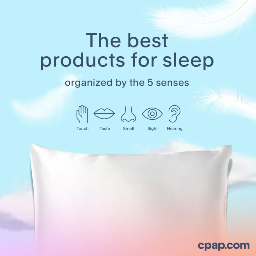 The best products for sleep organized by the 5 senses. Sky background with iconography of the 5 senses and a pillow with cpap.com logo.