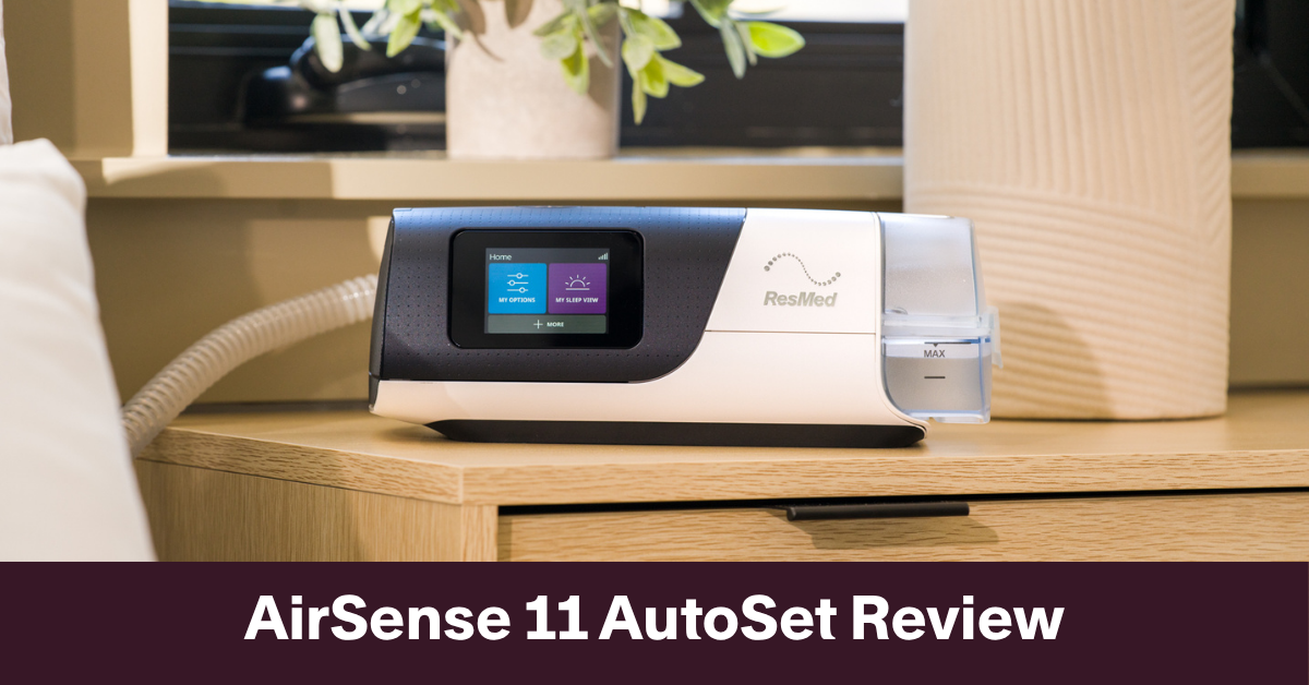 AirSense 11 AutoSet on a nightstand with graphic title that says AirSense 11 AutoSet Review