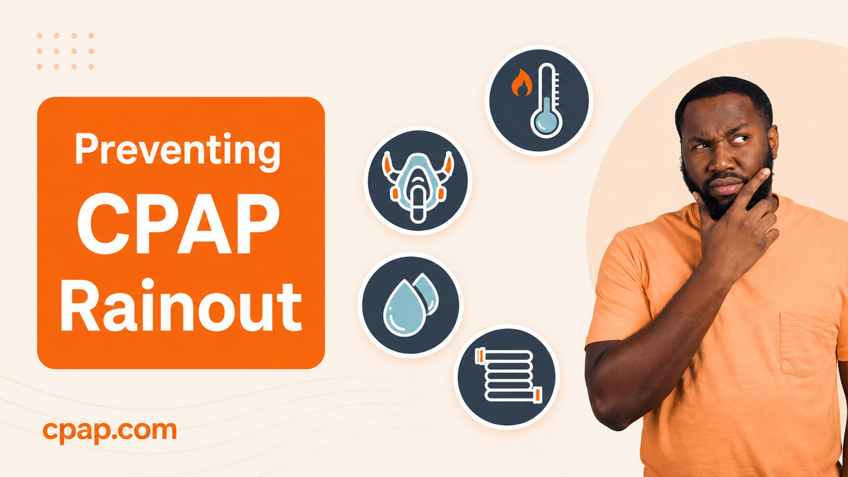 Man looking confused with icons depicting various solutions to CPAP rainout.