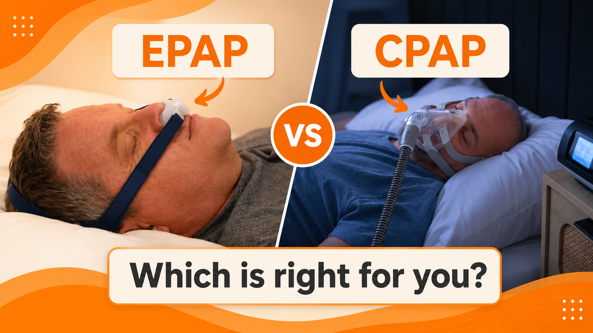 title: EPAP vs CPAP which is right for you, image: man sleeping with an epap device on left side with man sleeping with CPAP mask and machine on right side
