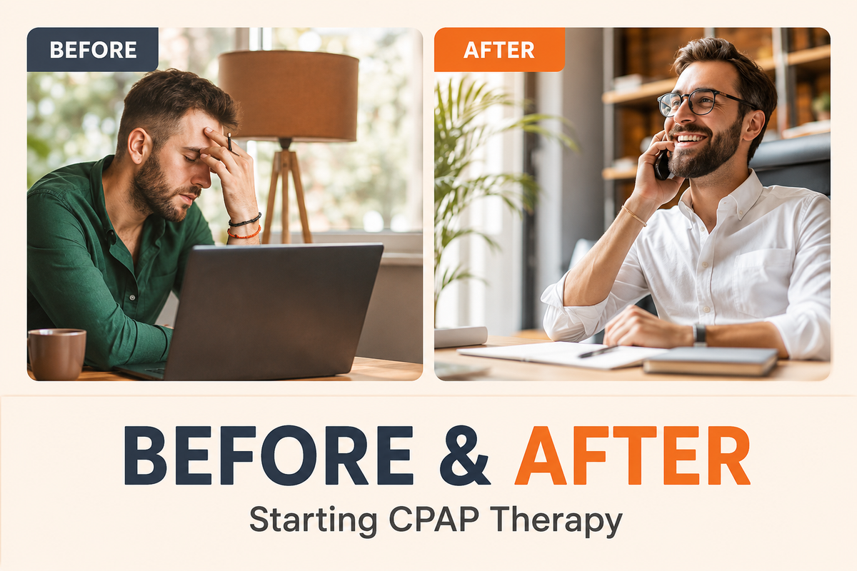an image of a man experience the effects of sleep apnea