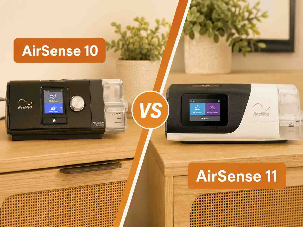 To the left is the AirSense 10 sitting on a nightstand to the right is the AirSense 11 sitting on a nightstand. Title reads AirSense 10 vs AirSense 11