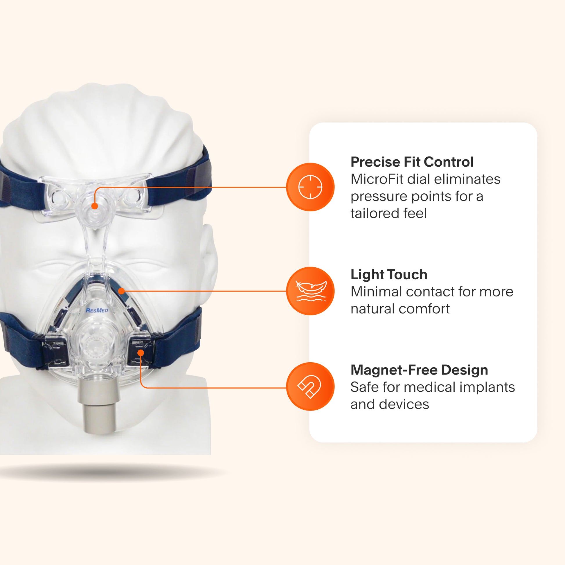 Mirage Activa LT featuring minimal contact for natural comfort, a MicroFit dial for precise adjustments, and a magnet-free design safe for medical implants.