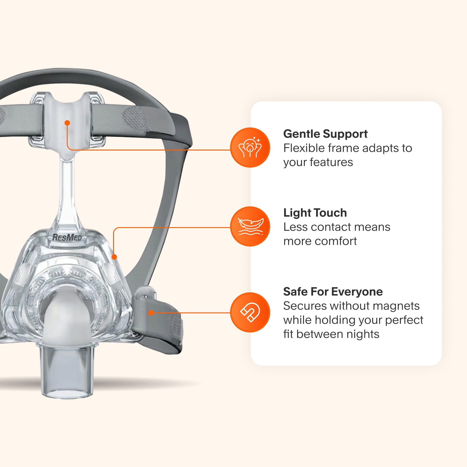 Mirage FX Nasal Mask featuring minimal contact for enhanced comfort, a flexible frame that adapts to your features, and a magnet-free design for secure, consistent fit.