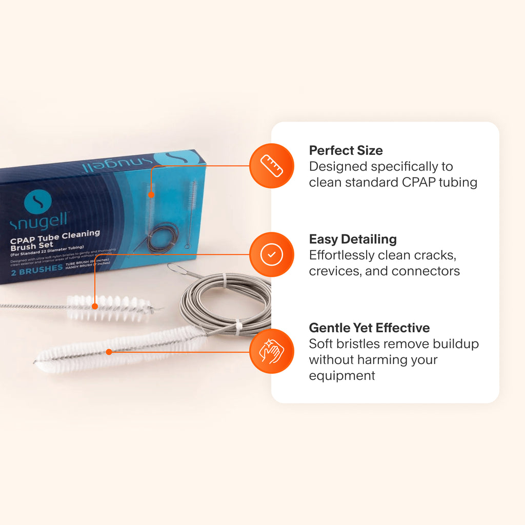 Snugell CPAP Tube Brush Kit designed to clean standard CPAP tubing, connectors, and crevices with gentle, effective bristles.