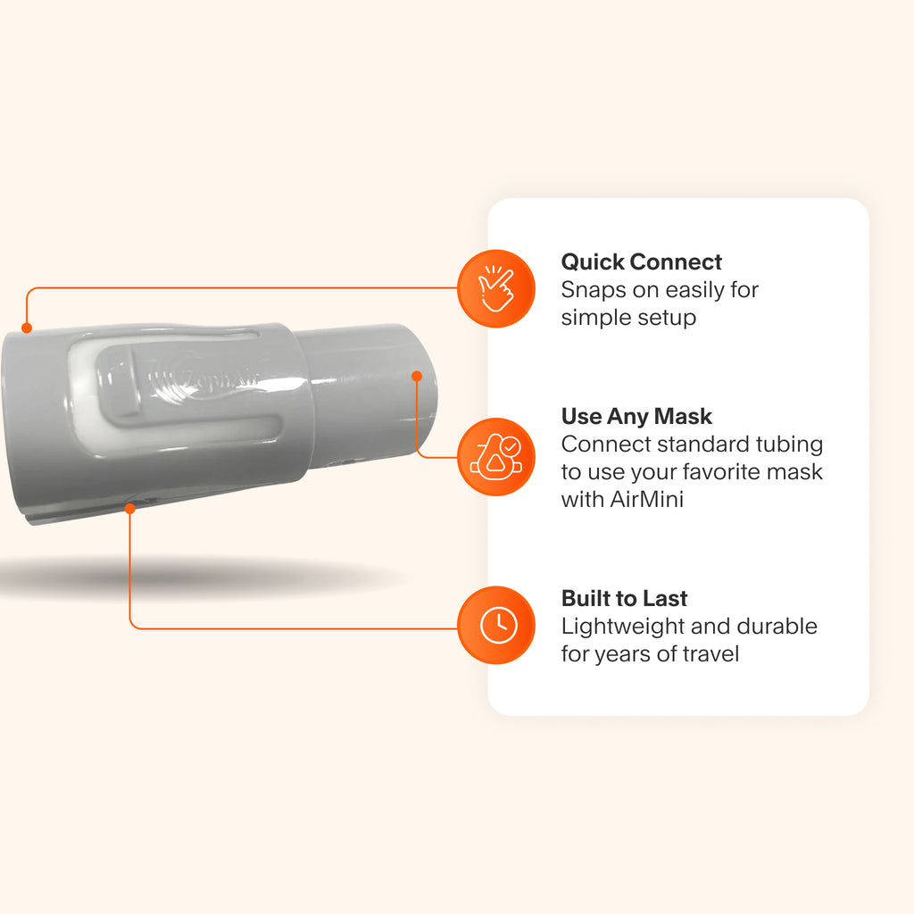 Zephair AirMini Tube Adapter featuring compatibility with standard tubing for any mask, easy snap-on setup, and durable design for long-lasting travel use.
