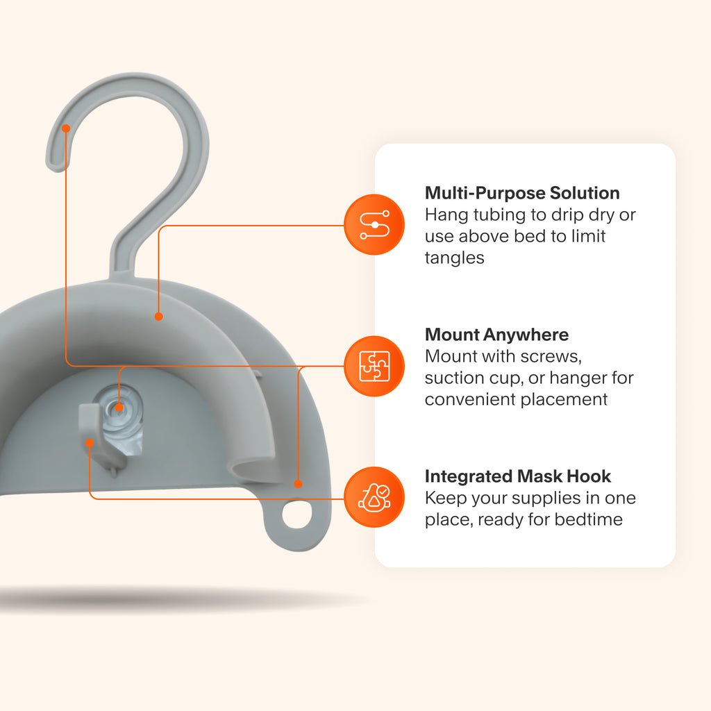 CPAP Hose Hanger featuring a drip-dry design for cleaner breathing, flexible mounting with shower rod or suction cup options, and an integrated mask hook for organized storage.