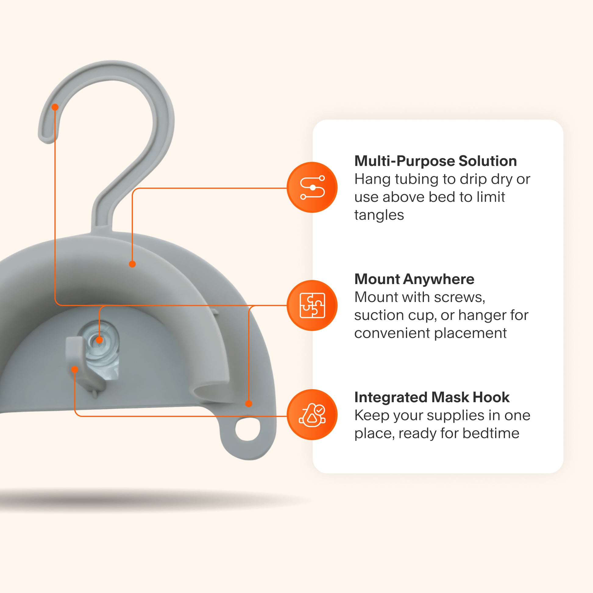 CPAP Hose Hanger featuring a drip-dry design for cleaner breathing, flexible mounting with shower rod or suction cup options, and an integrated mask hook for organized storage.