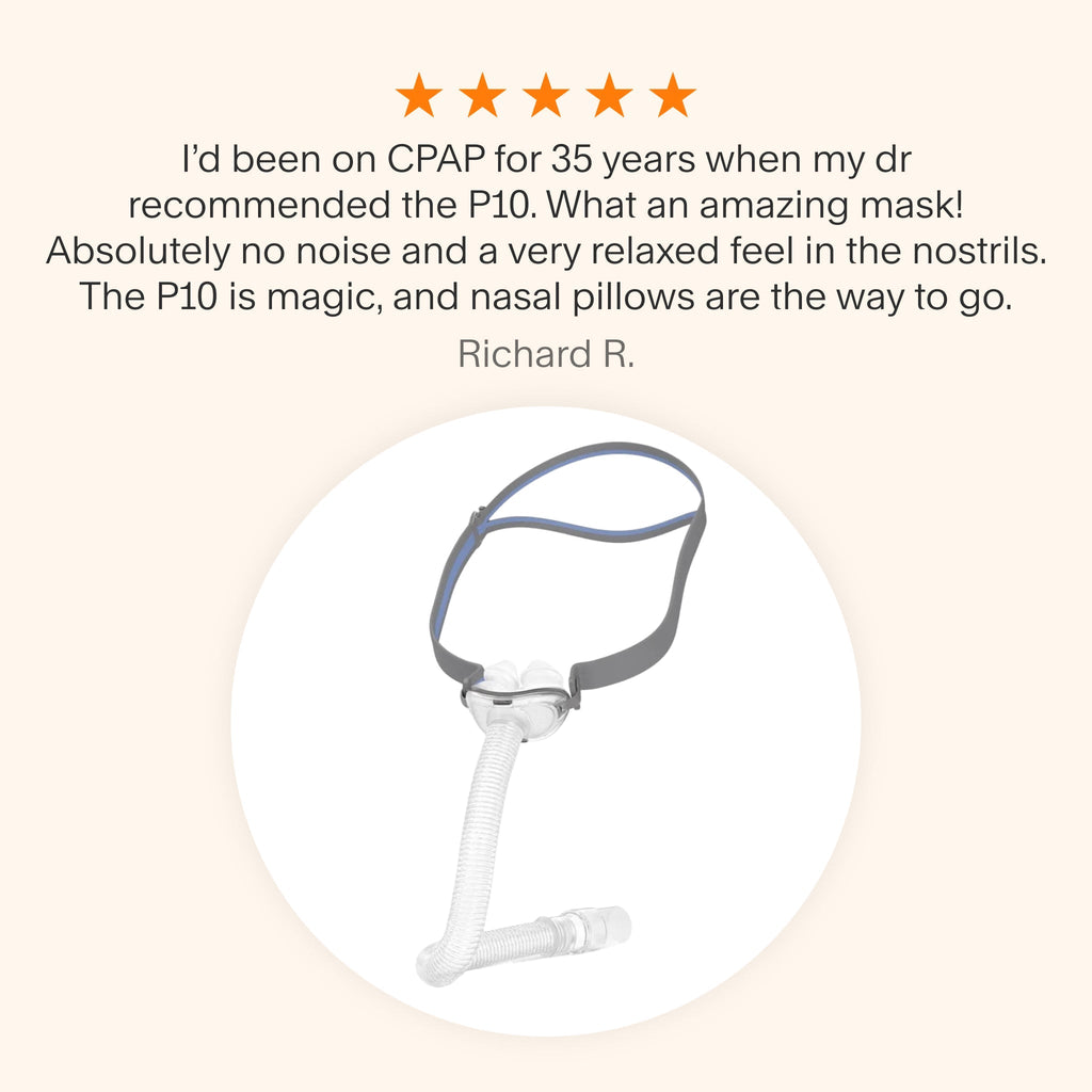 Testimonial for AirFit P10 mask praising its silent airflow, nasal pillow comfort, and 35-year CPAP user satisfaction.