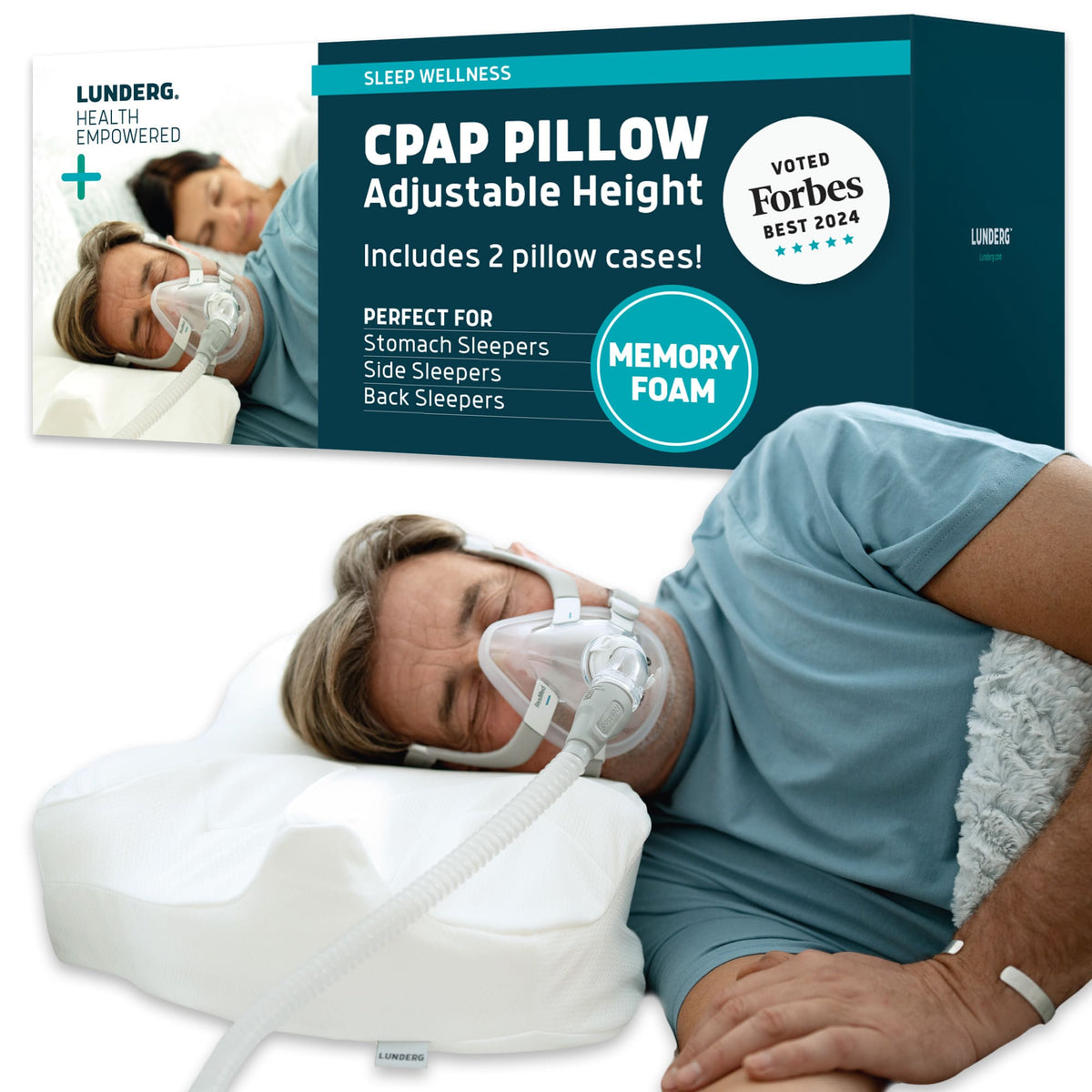 Man sleeping on a white Lunderg memory foam CPAP pillow while wearing a CPAP mask.