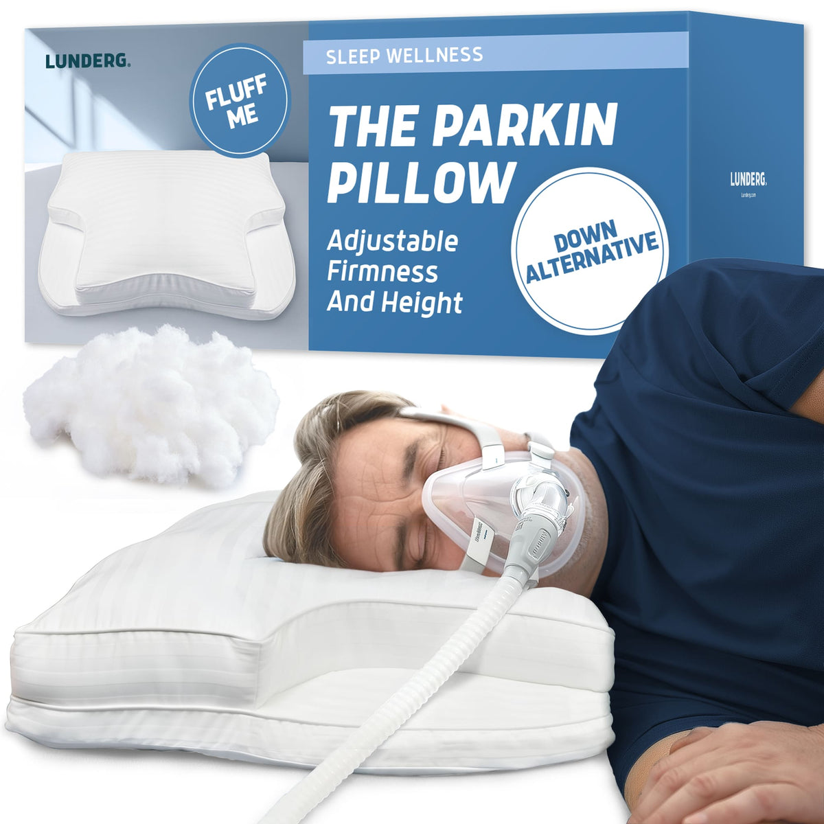 Man sleeping on a white Lunderg CPAP pillow while wearing a CPAP mask with hose.