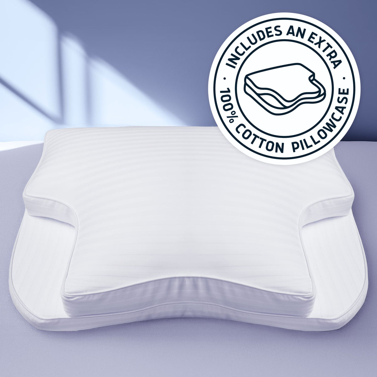 Lunderg CPAP pillow in white with a contoured shape and an extra 100% cotton pillowcase.