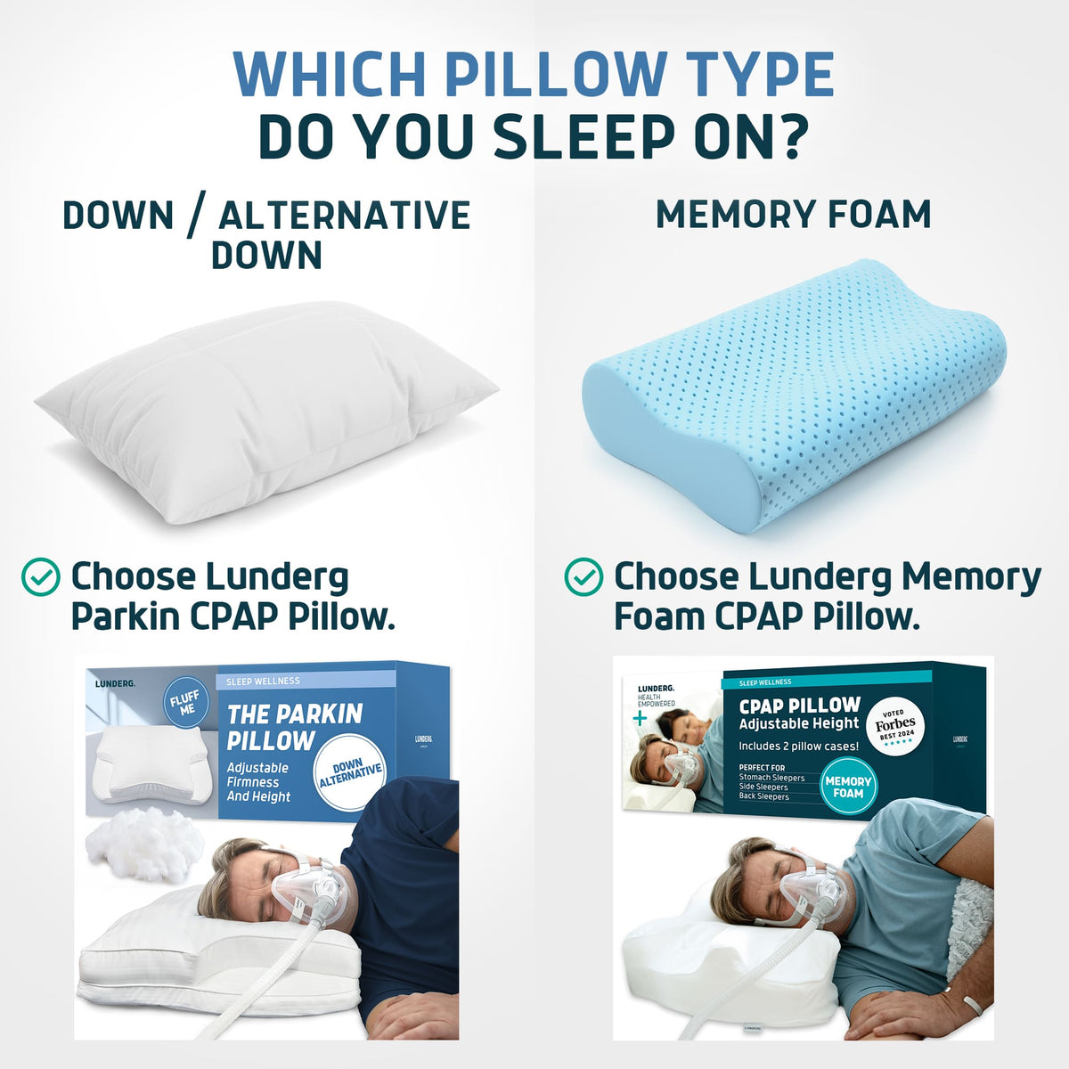 Comparison chart of white Lunderg down alternative and blue contoured memory foam CPAP pillows.