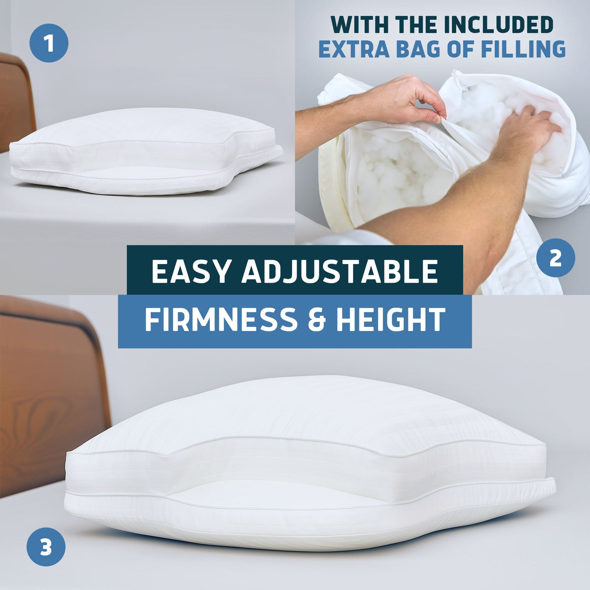 Lunderg CPAP pillow in white showing adjustable filling process and different height levels.