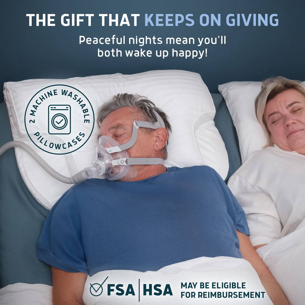 Man wearing CPAP mask sleeping on a Lunderg white down alternative pillow next to a partner.