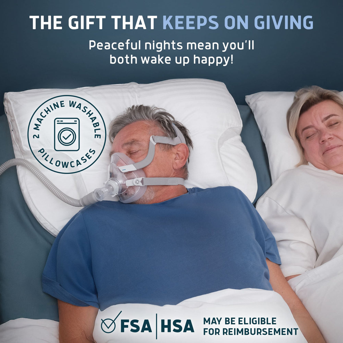 Man wearing CPAP mask sleeping on a Lunderg white down alternative pillow next to a partner.