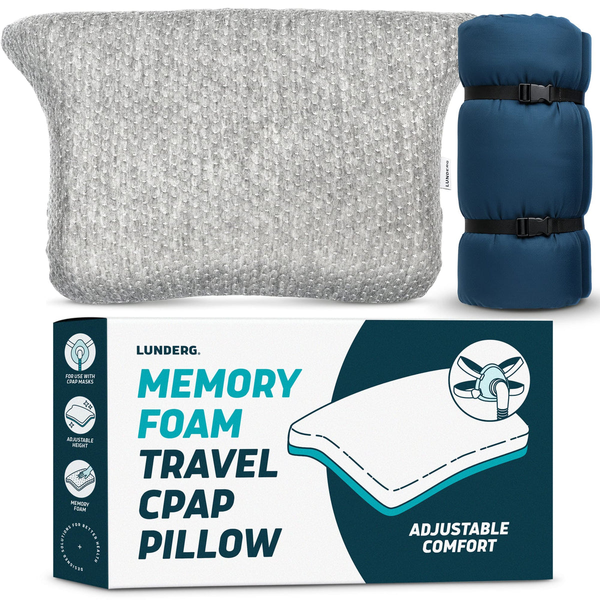 Lunderg memory foam CPAP pillow in grey with blue travel roll and branded packaging.