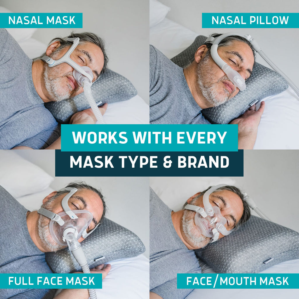 Man sleeping on a grey Lunderg CPAP pillow using four different types of CPAP masks.