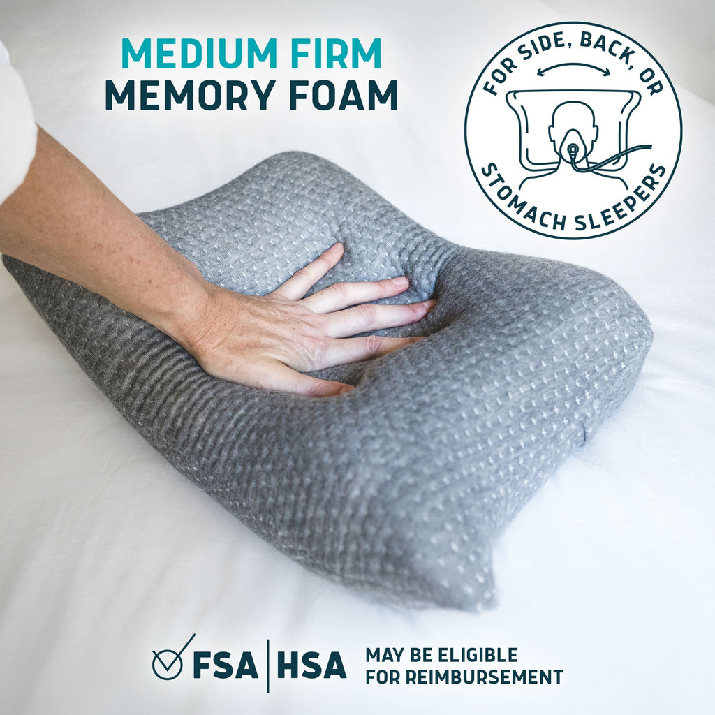 Hand pressing into a grey Lunderg memory foam CPAP pillow to demonstrate medium-firm support.
