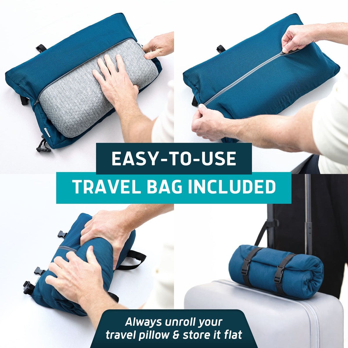 Lunderg memory foam CPAP pillow being packed into and stored with a teal travel bag.