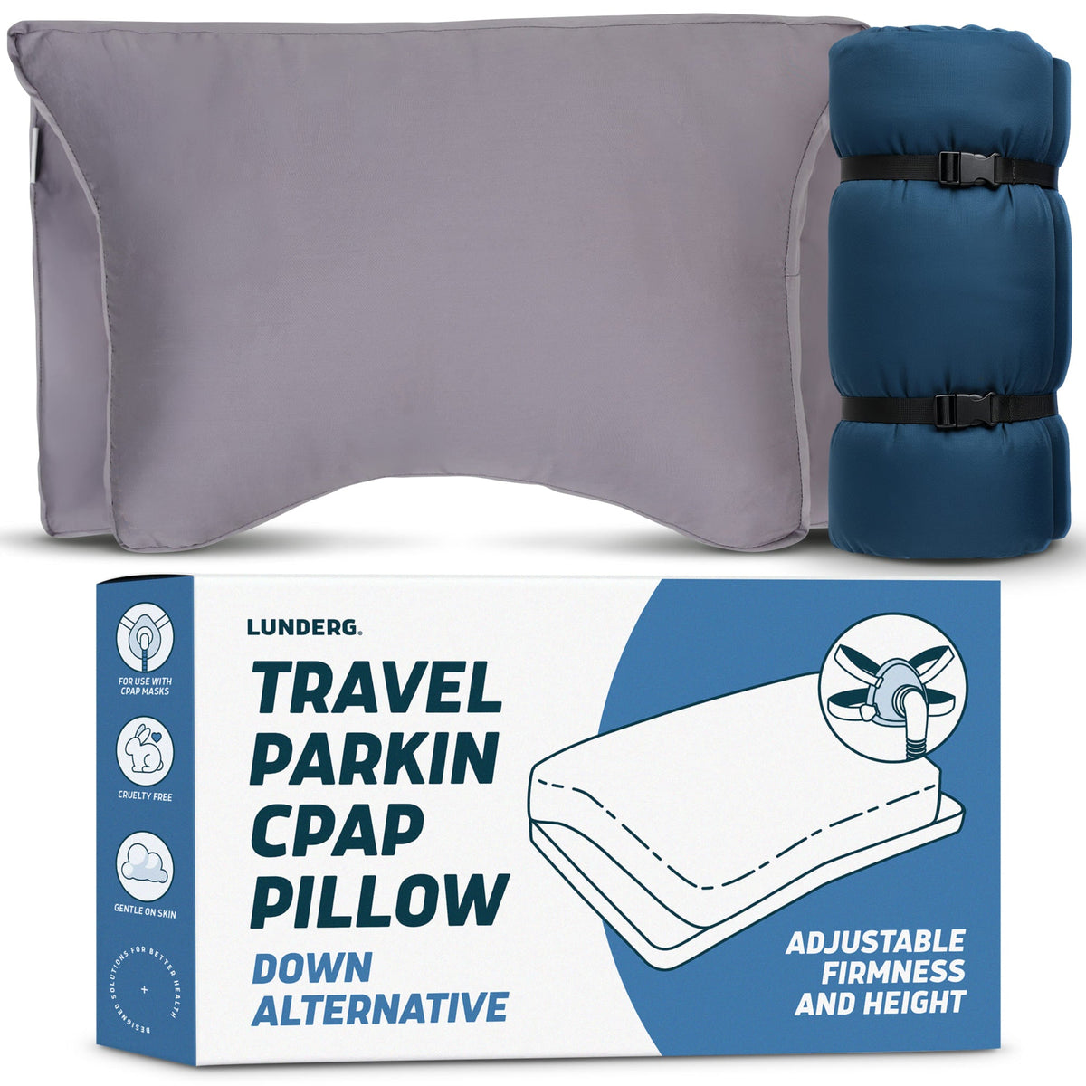 Lunderg Travel Parkin CPAP Pillow in grey with a blue rolled storage bag and product packaging.