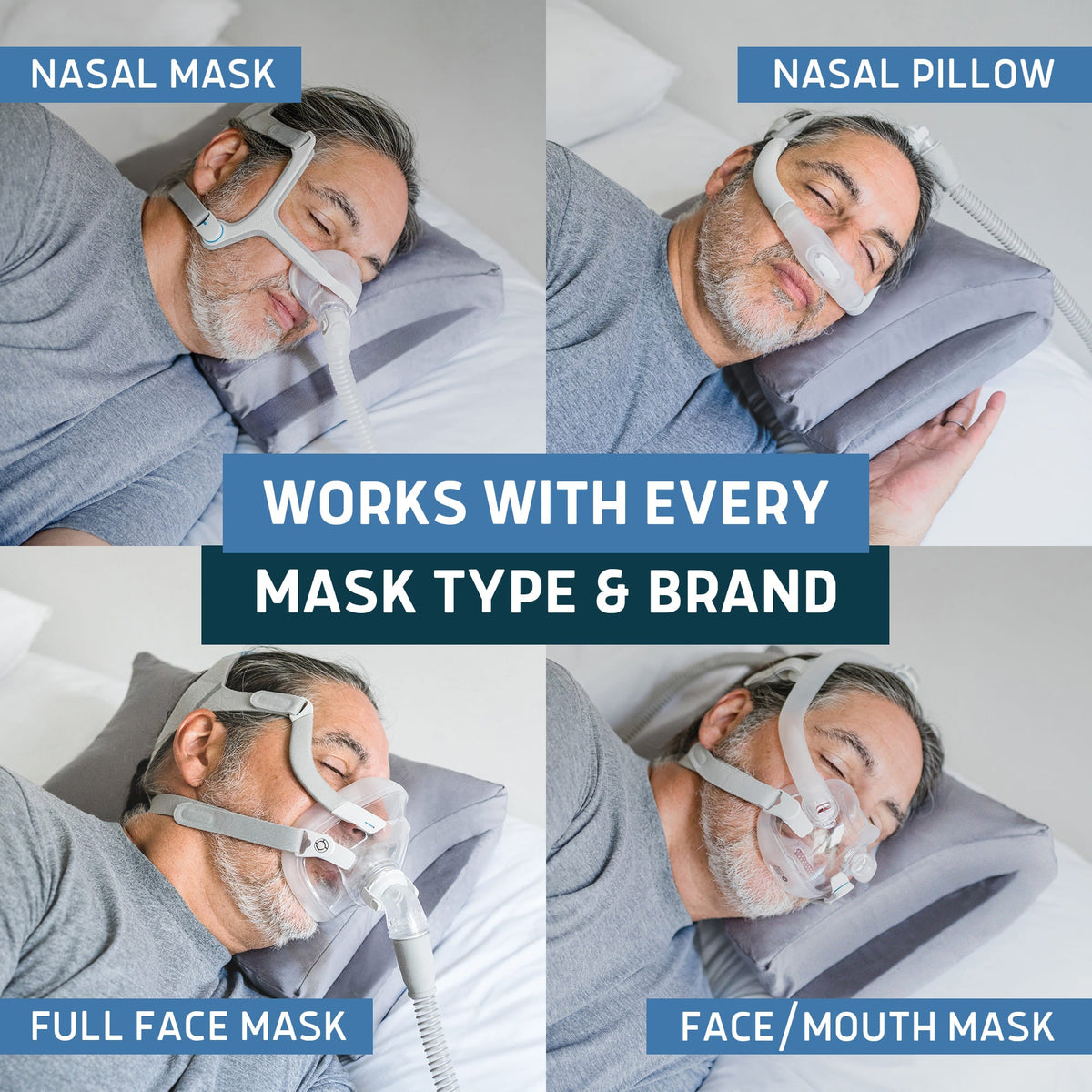Man sleeping on a grey Lunderg CPAP pillow using four different CPAP mask types.