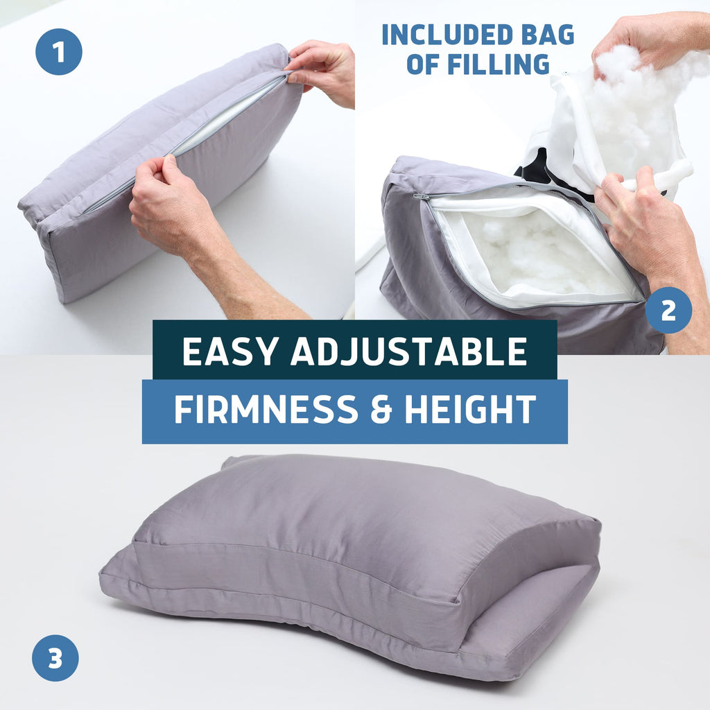 Lunderg travel CPAP pillow in grey showing three steps to adjust filling for height and firmness.