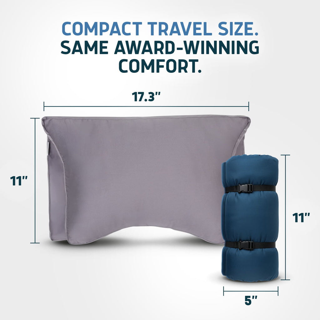 Lunderg travel CPAP pillow in grey and its blue rolled-up carrying case with dimensions.