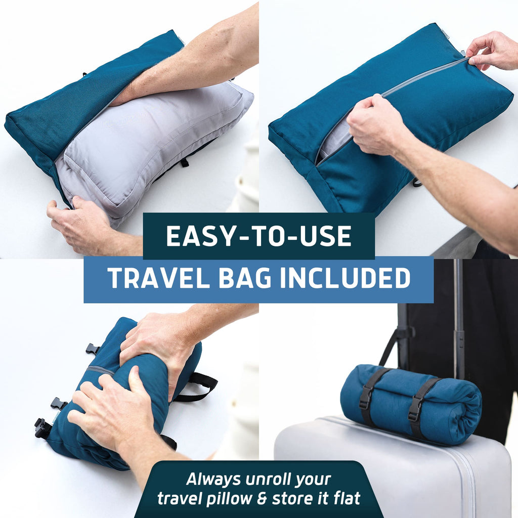 Lunderg travel CPAP pillow being packed into a teal carrying bag and stored on a suitcase.