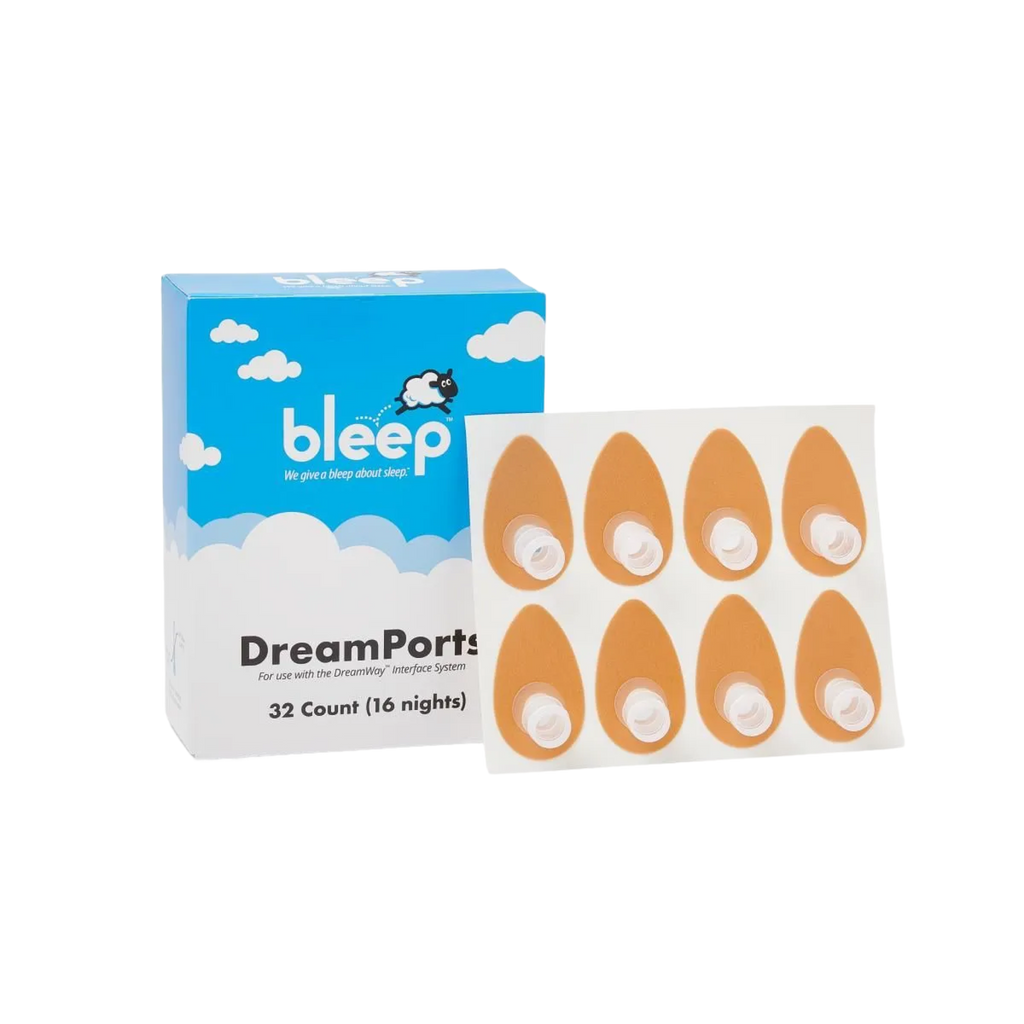 Photo of a sheet of Bleep DreamPort Adhesive Patches, next its packaging box