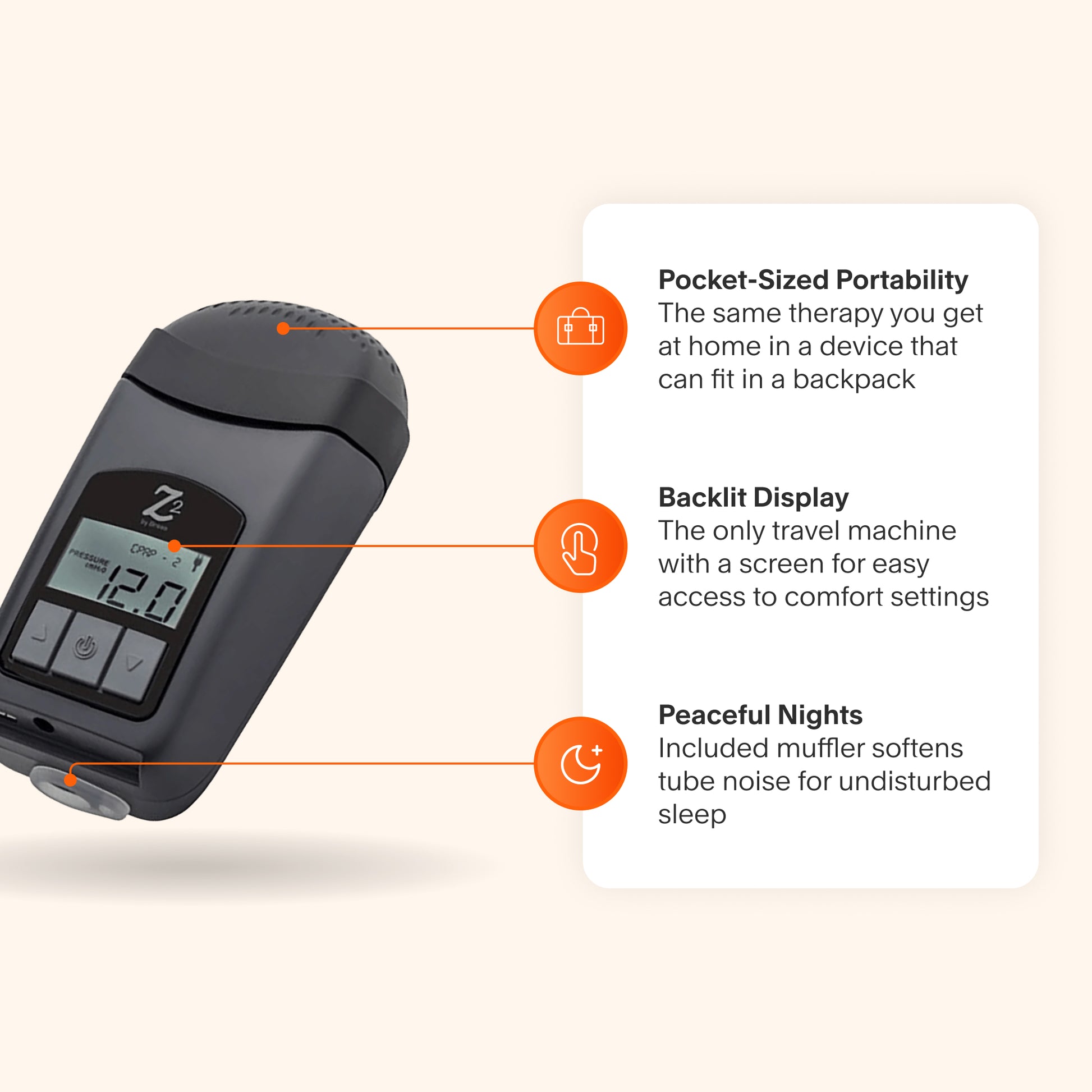 Breas Z2 Auto CPAP featuring backpack-sized portability, backlit display, and built-in muffler for quieter sleep anywhere.