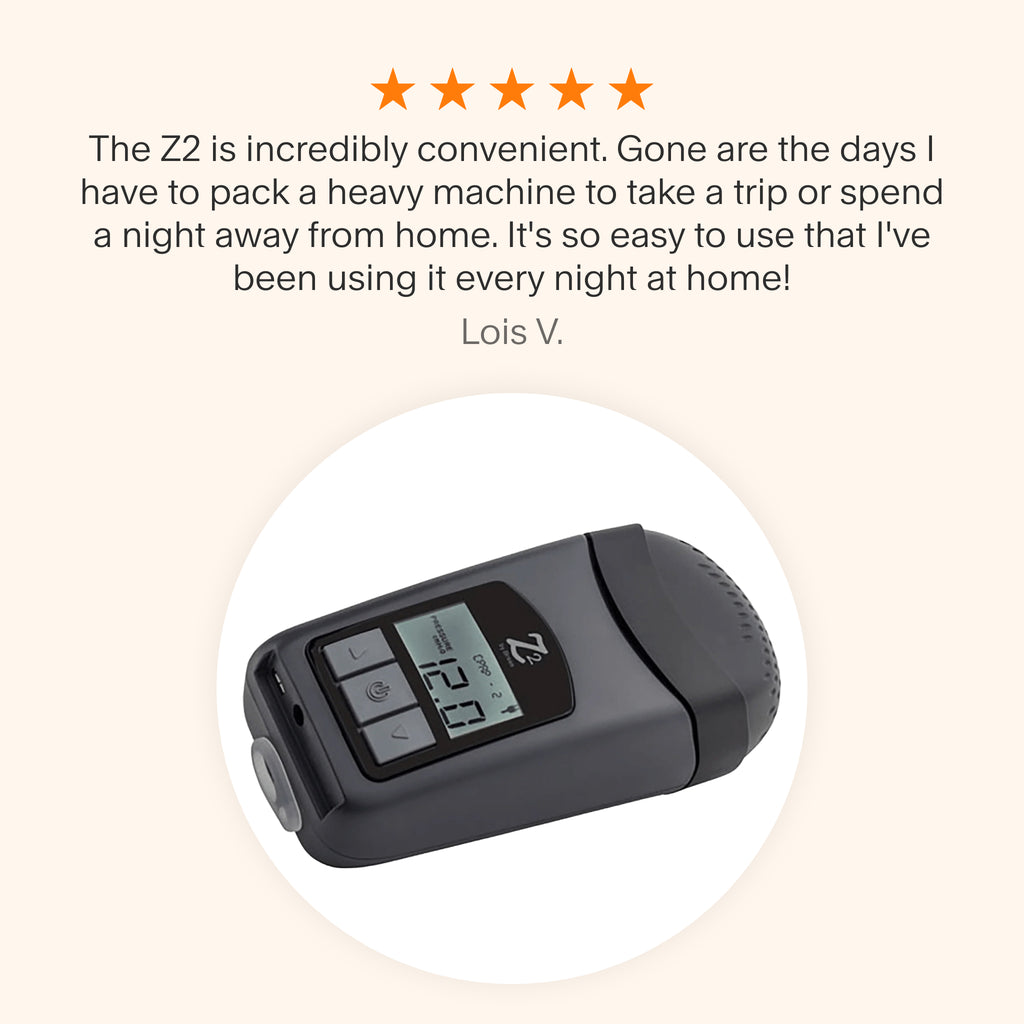 Testimonial for Breas Z2 Auto highlighting its compact size, ease of use, and suitability for nightly home and travel therapy.