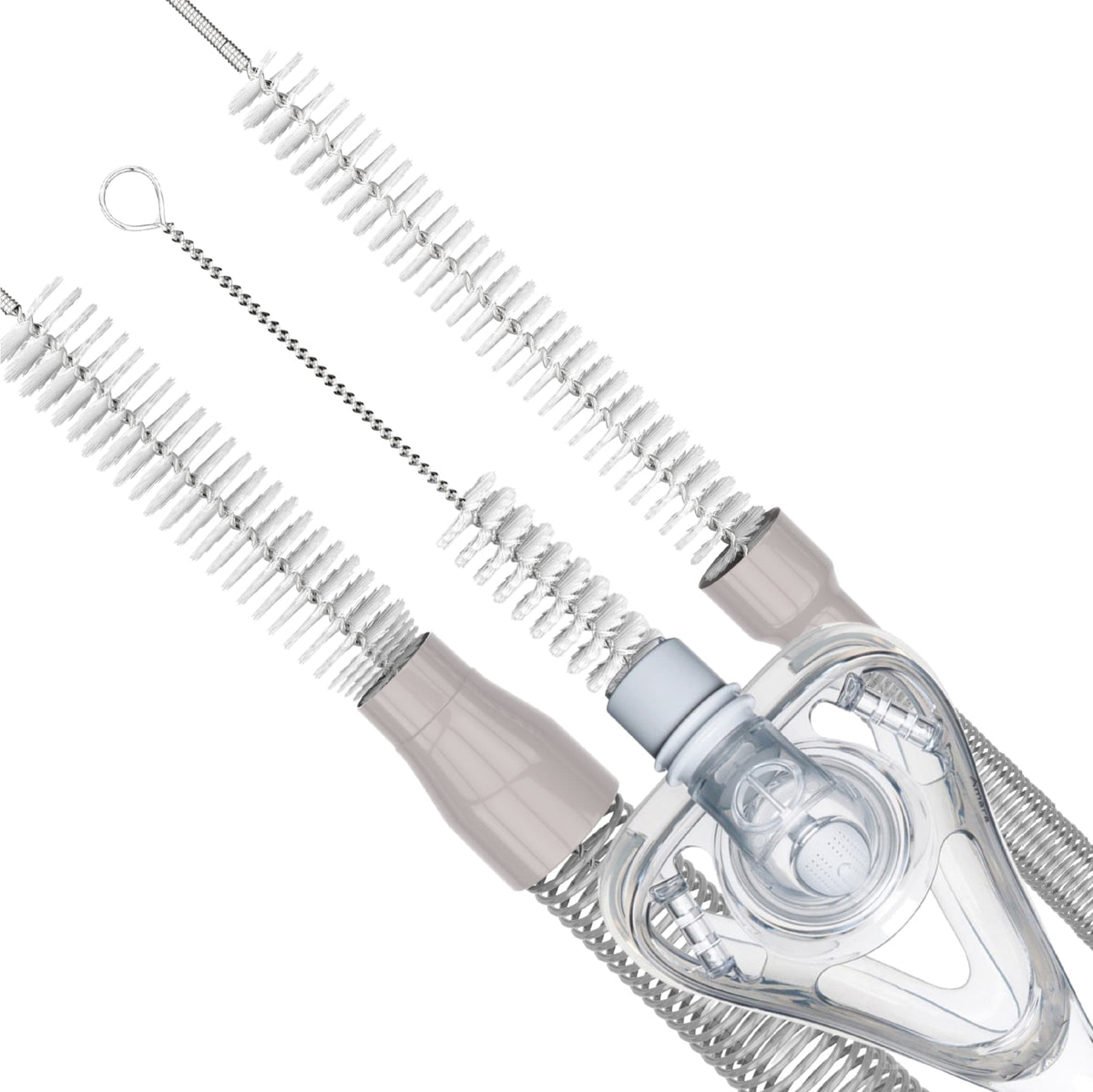 cpaphero CPAP cleaning brush kit with white wire brushes and clear plastic mask components