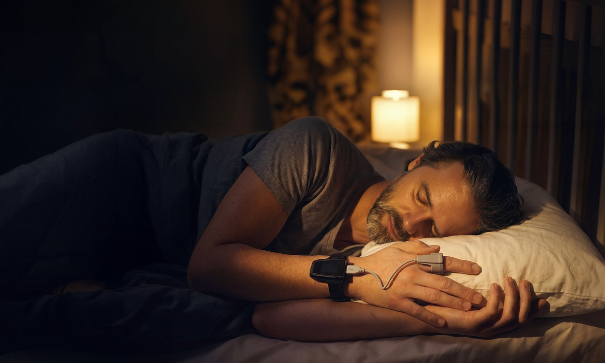 Man sleeping on his side with a sleep apnea monitoring device attached to his wrist and finger.