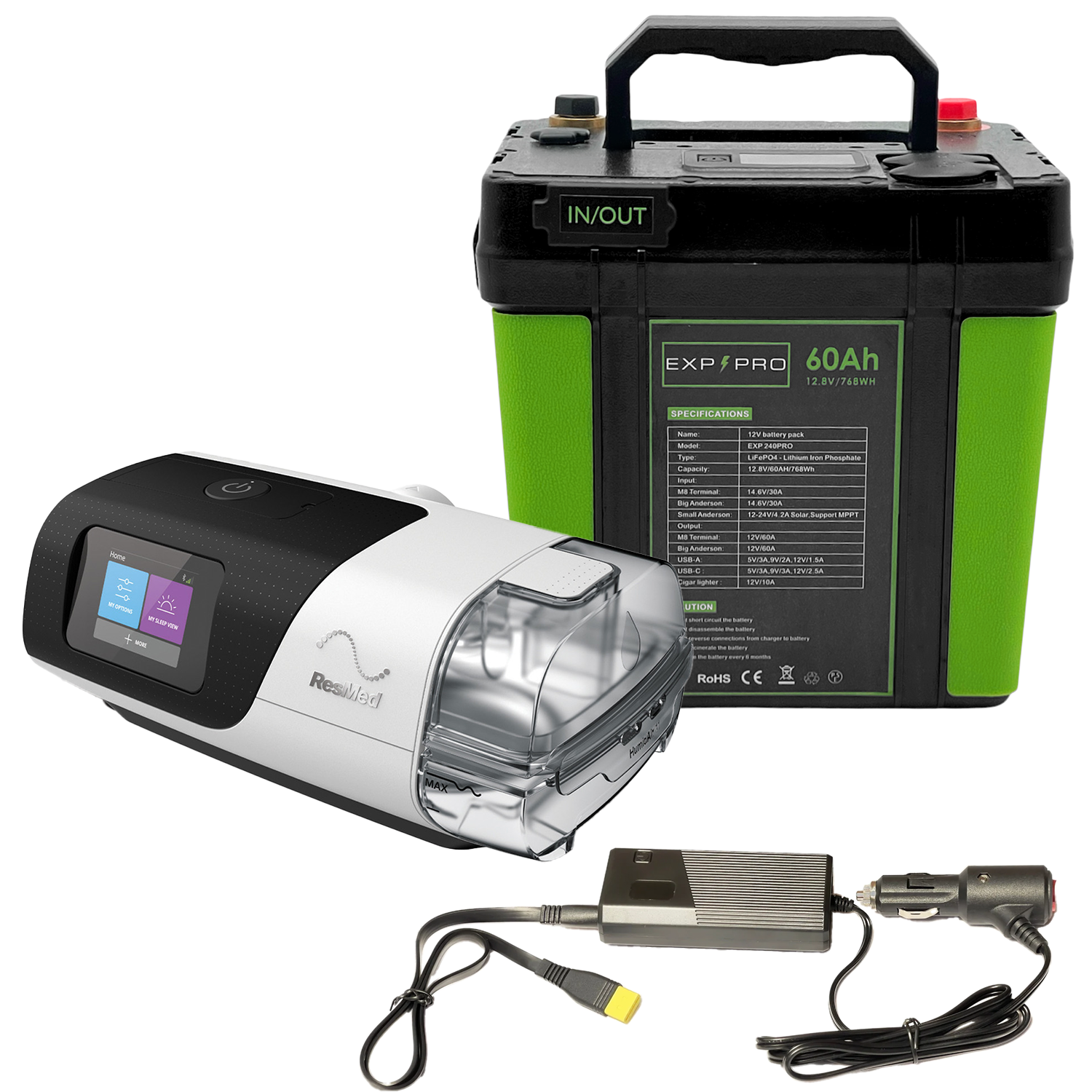 EXP240PRO 768Wh CPAP Battery with DC Cord | Portable, Solar Rechargeable LiFePO4 Battery