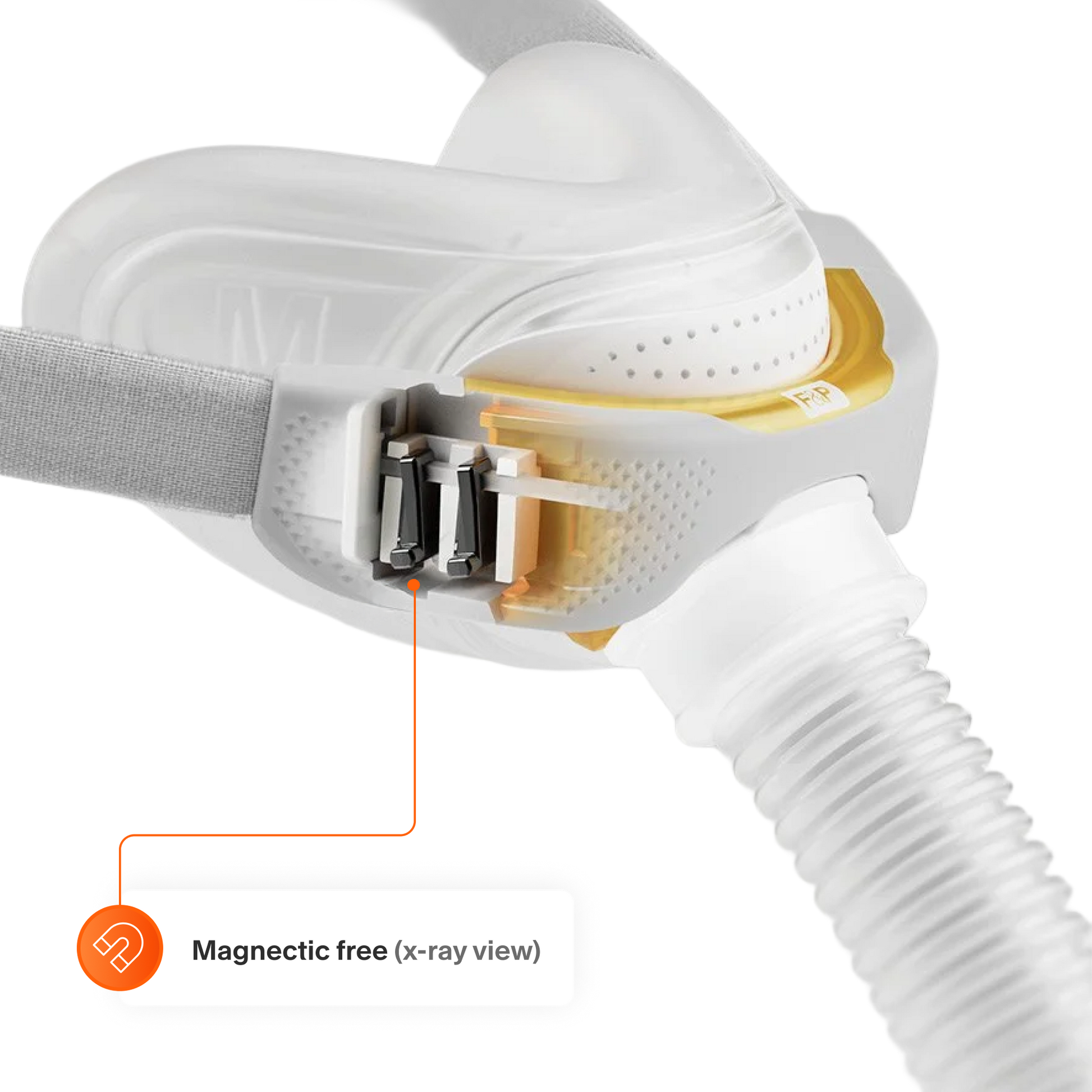 Detail image showing how the headgear clips on the mask without magnets.