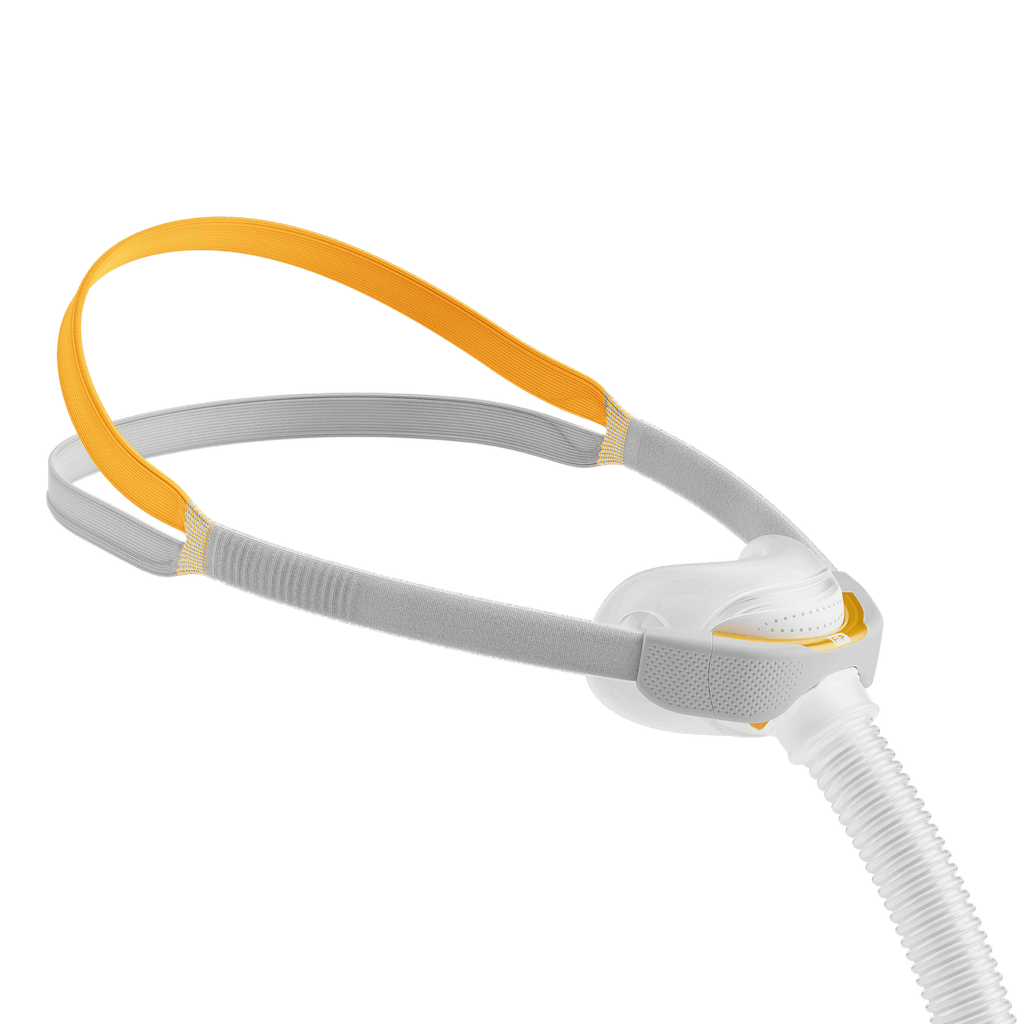 An image of the Fisher & Paykel Solo Nasal Pillow Mask, featuring a white and yellow color scheme with a minimalist design.