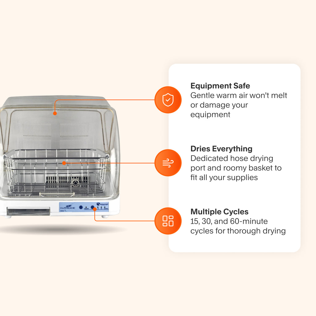 Hurricane Equipment Dryer featuring multiple drying cycles, a dedicated hose port and spacious basket for all supplies, and gentle warm air safe for CPAP equipment.