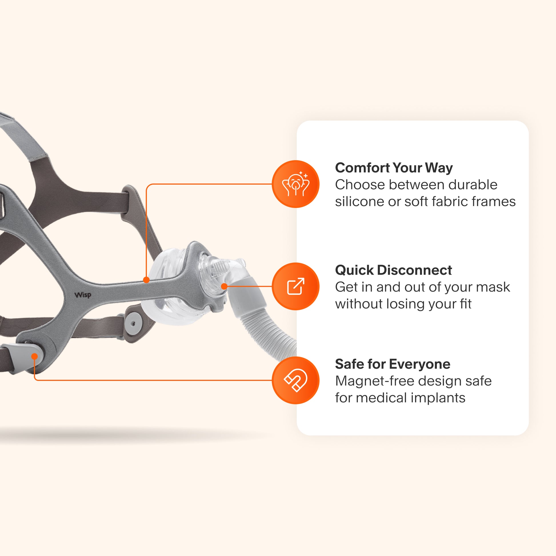 Wisp Nasal Mask featuring a choice of silicone or fabric frames for personalized comfort, quick-disconnect clips for easy removal, and a magnet-free design safe for medical implants.