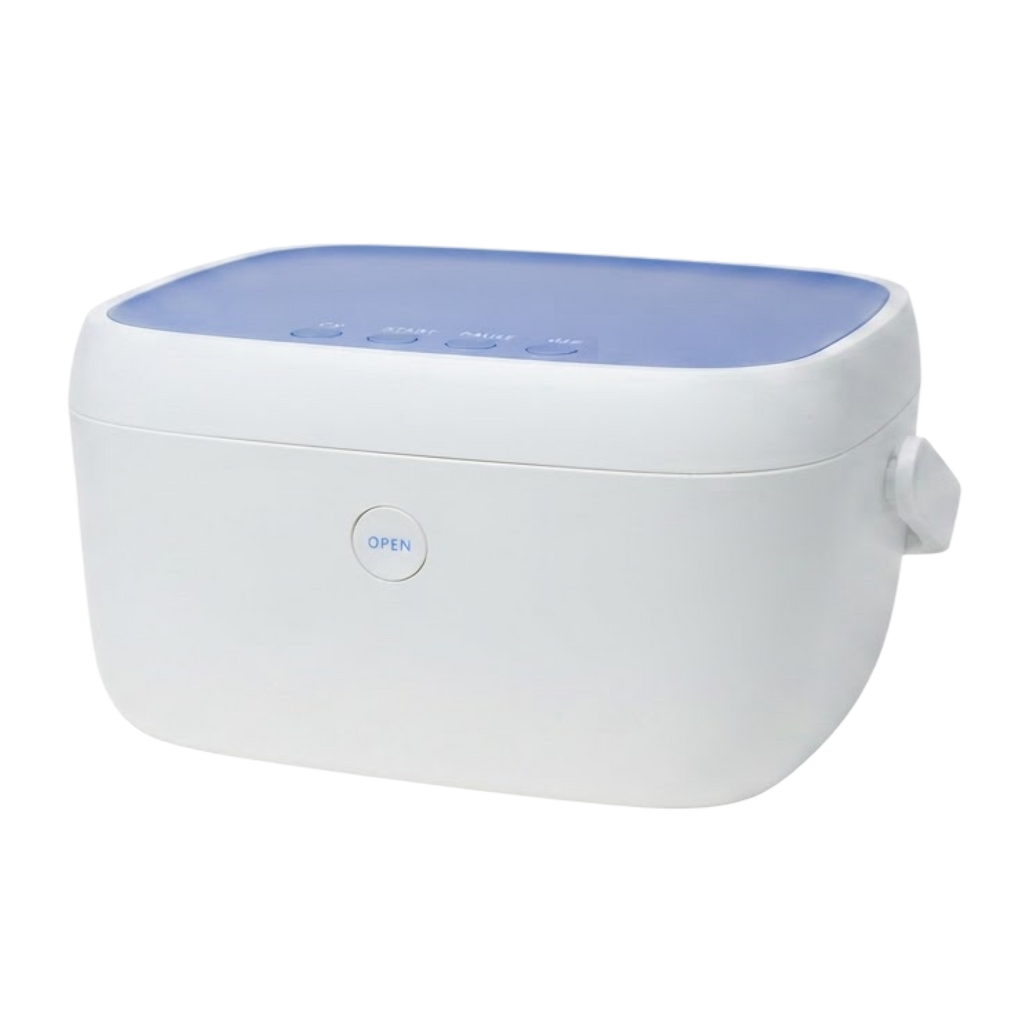 LiViliti Paptizer 360 CPAP microbial reduction device, white plastic body with blue top lid and open button.