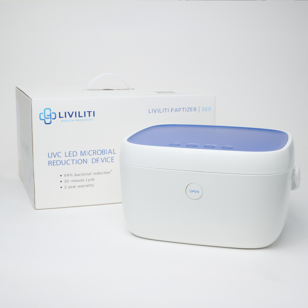 LiViliti Health Products Paptizer 360 UVC LED device in white with blue lid and its original packaging box.