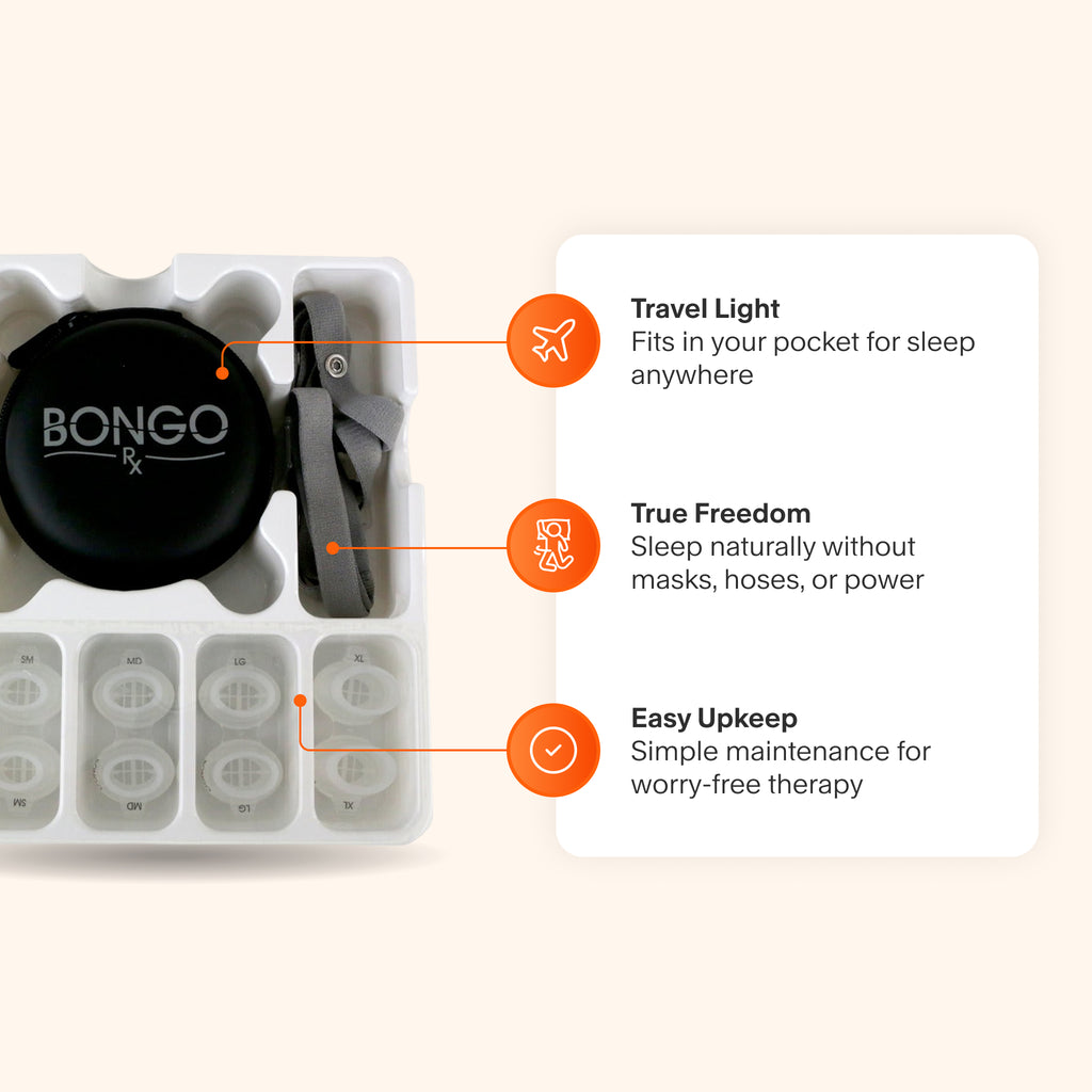 Bongo RX EPAP device featuring ultra-portable design for pocket-sized travel, natural sleep therapy without masks or hoses, and minimal maintenance for hassle-free care.