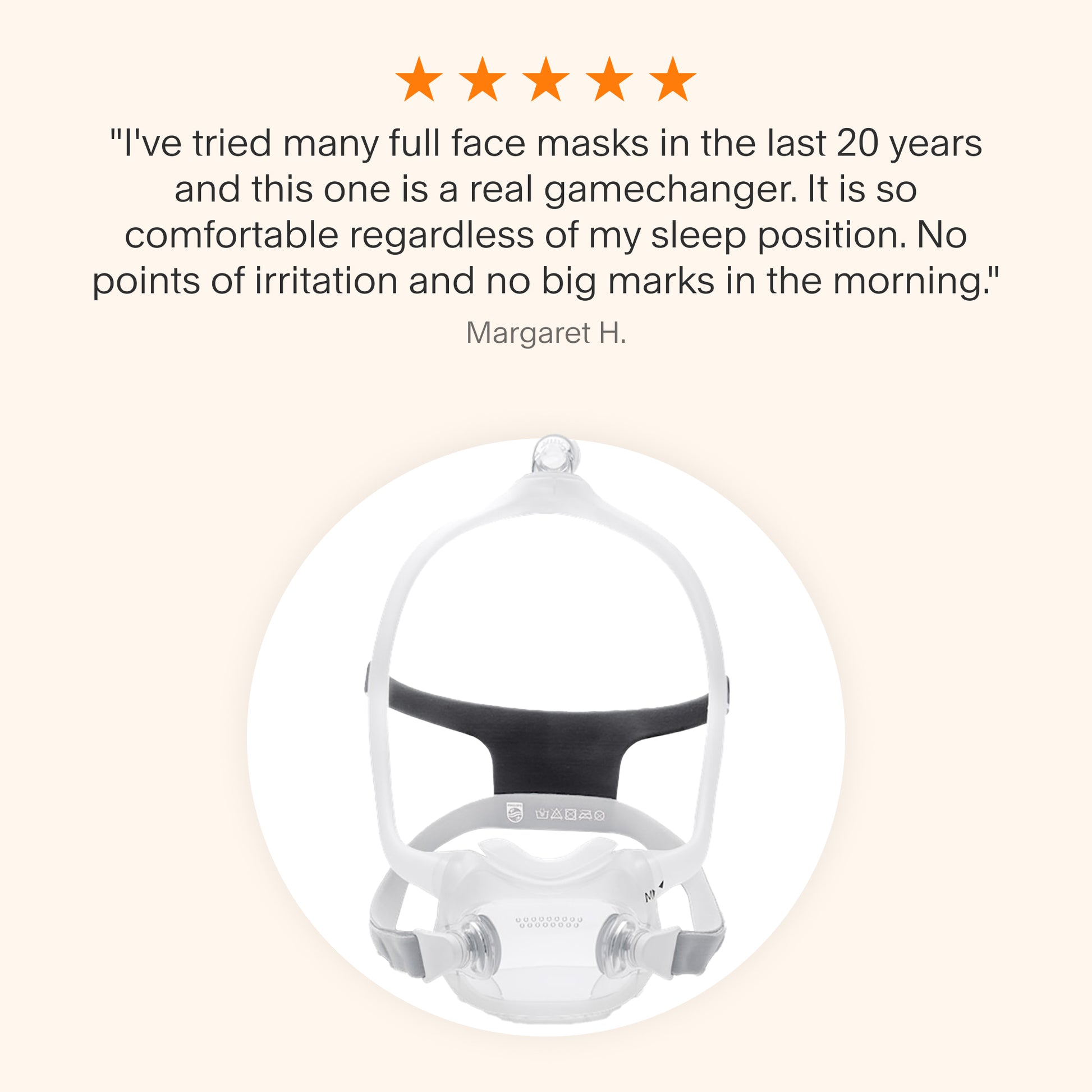Testimonial for DreamWear Full Face mask praising all-night comfort, irritation-free fit, and versatility for any sleep position.