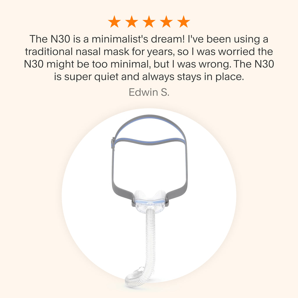 Testimonial graphic for the ResMed AirFit N30, praising its quiet, secure, and minimalist design.