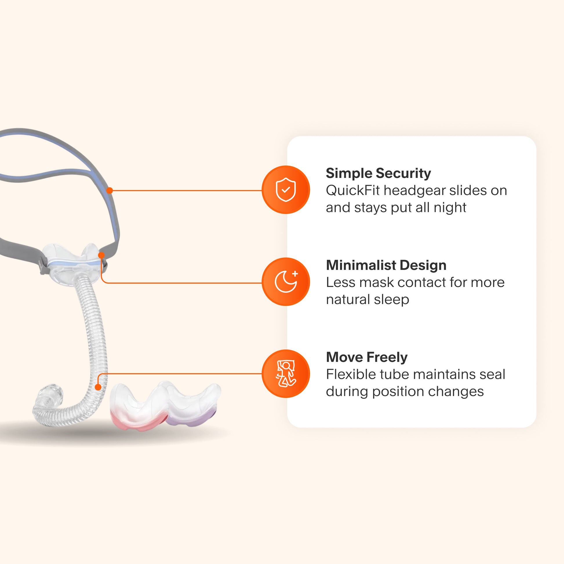 ResMed AirFit N30 Nasal CPAP Mask highlighting its minimalist design, flexible tubing, and QuickFit headgear for secure, natural-feeling sleep.