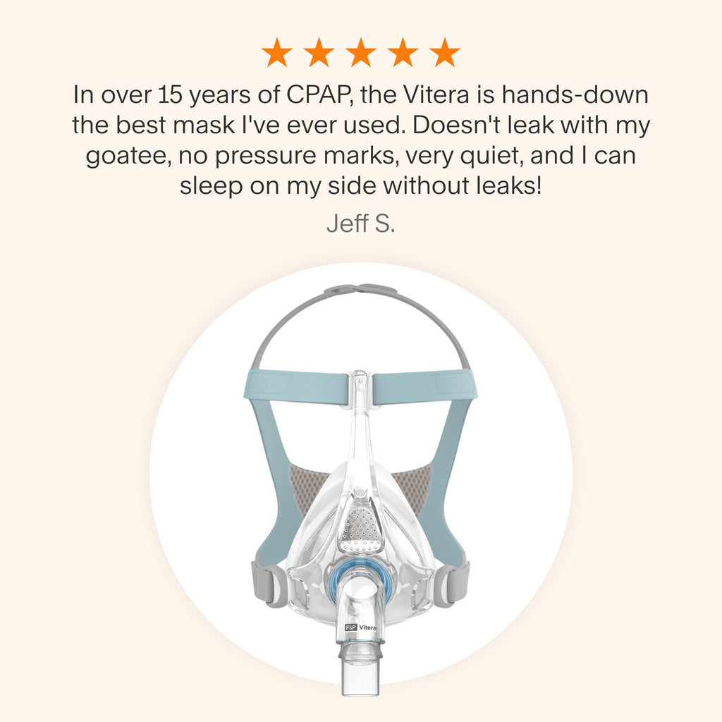 Testimonial highlighting Vitera mask’s leak-free seal with facial hair, comfort without pressure marks, quiet performance, and side-sleep compatibility.